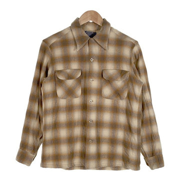 70's PENDLETON ペンドルトン ウール ボードシャツ オープンカラー シャドーチェック オンブレ ブラウン クリーム USA製 Size M 福生店