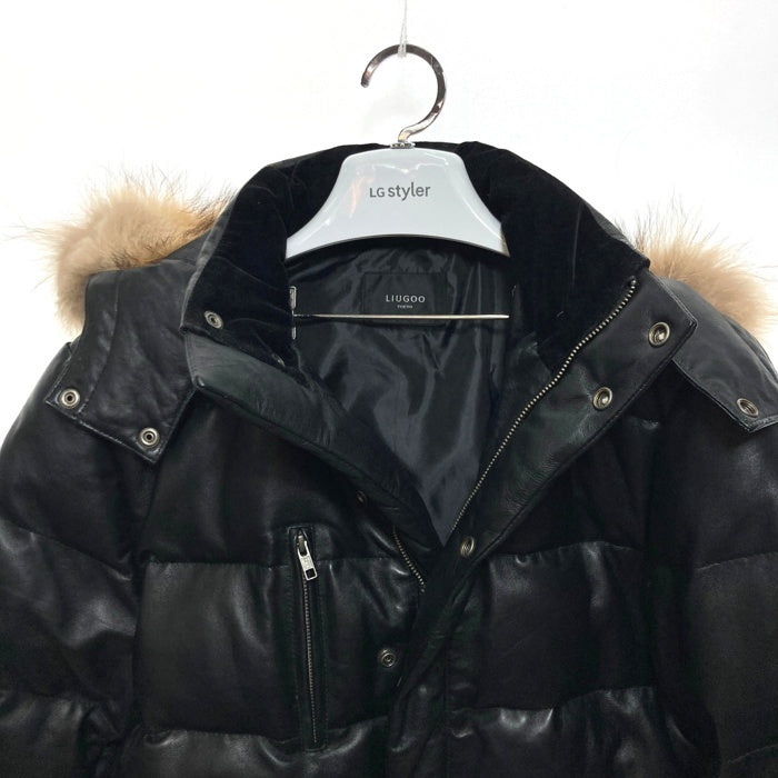 Liugoo Leathers リューグーレザーズ ラムレザー ロングダウンコート ジャケット ファー ブラック Size L 瑞穂店