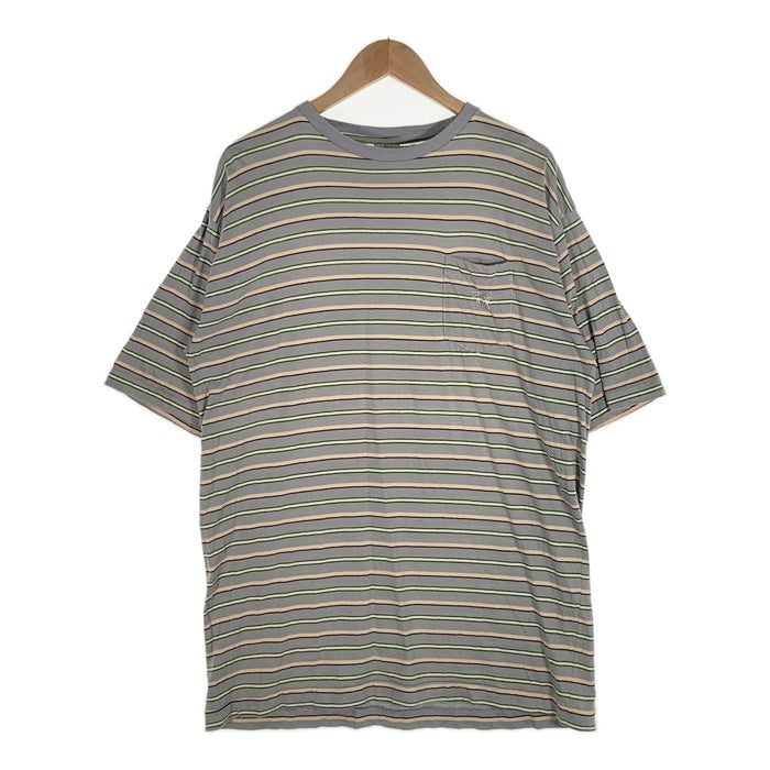 90's STUSSY ステューシー ボーダー ポケットTシャツ グレー ショーンフォント刺繡 インド製 白タグ Size L 福生店