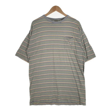90's STUSSY ステューシー ボーダー ポケットTシャツ グレー ショーンフォント刺繡 インド製 白タグ Size L 福生店