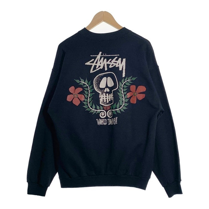 80's STUSSY ステューシー WORLD TRIBE Skull Crest スカルフラワープリント クルーネックスウェットトレーナー ブラック USA製 黒タグ Size L 福生店