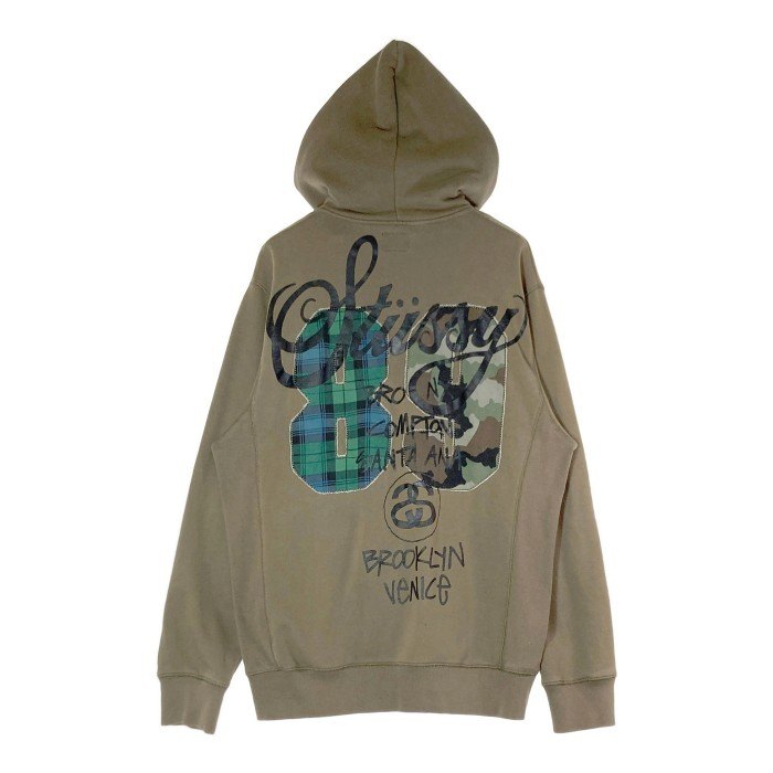 STUSSY ステューシー カモフラ チェック 89 Spell Out Big Logo パーカー カーキ sizeL 瑞穂店