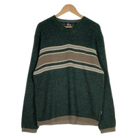 90's STUSSY ステューシー アクリルウール Vネック ボーダーニットセーター グリーン 中国製 紺タグ デッドストック Size L 福生店