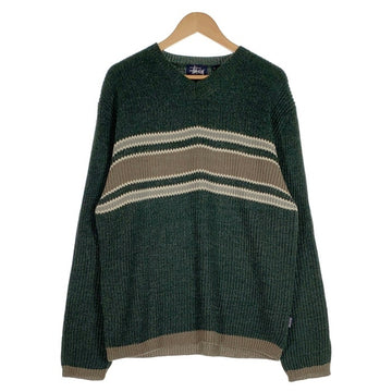 90's STUSSY ステューシー アクリルウール Vネック ボーダーニットセーター グリーン 中国製 紺タグ デッドストック Size L 福生店