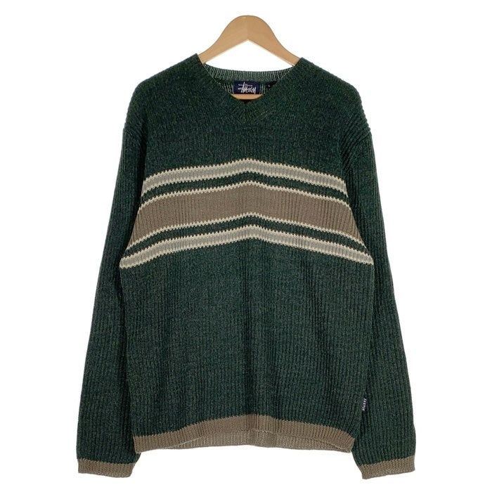 90's STUSSY ステューシー アクリルウール Vネック ボーダーニットセーター グリーン 中国製 紺タグ デッドストック Size L 福生店