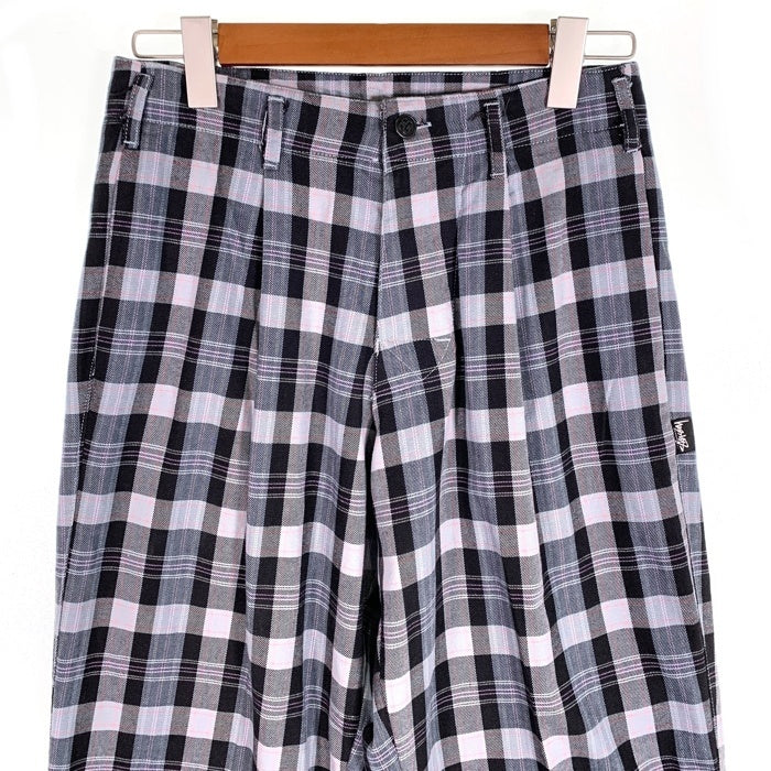 80's STUSSY ステューシー コットン チェック柄 1タック ロングパンツ グレー ブラック USA製 黒タグ Size 29 福生店
