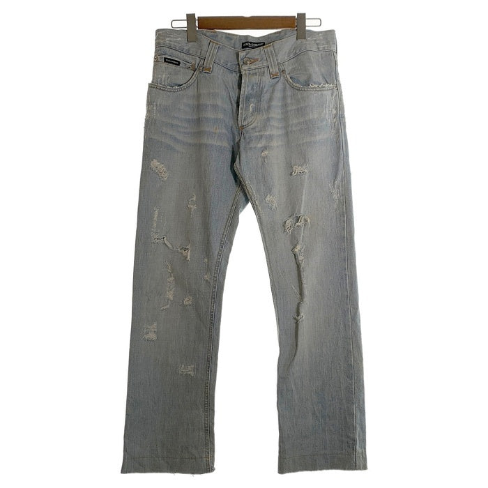 DOLCE&GABBANA ドルチェアンドガッバーナ クラッシュ デニムジーンズ ダメージ加工 レザーパッチ ライトブルー ZDP72/814N イタリア製 Size 48 福生店