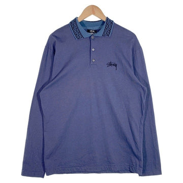 80's STUSSY ステューシー コットン ロングスリーブポロシャツ ネイビー 襟ジャカード USA製 黒タグ Size M 福生店