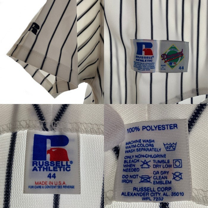 90's Russell Athletic ラッセルアスレチック Newyork Yankees ニューヨーク ヤンキース 半袖 ベースボールシャツ ホワイト ストライプ USA製 Size 44 福生店