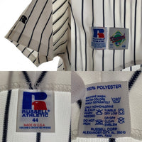 90's Russell Athletic ラッセルアスレチック Newyork Yankees ニューヨーク ヤンキース 半袖 ベースボールシャツ ホワイト ストライプ USA製 Size 44 福生店