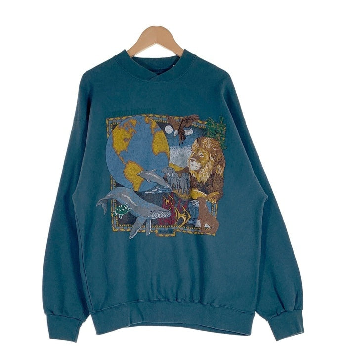 90's WORLD PRESERVE アニマルプリント クルーネックスウェットトレーナー ブルー GALT SAND USA製 Size L 福生店