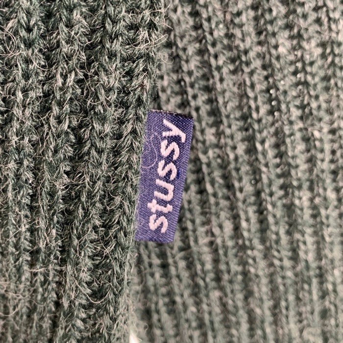 90's STUSSY ステューシー アクリルウール Vネック ボーダーニットセーター グリーン 中国製 紺タグ デッドストック Size L 福生店
