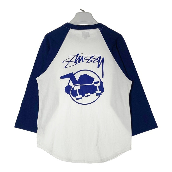 STUSSY ステューシー USA製 紺タグ スケートマン ラグラン Tシャツ ホワイト×ネイビー sizeM 瑞穂店