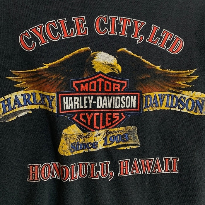 90's~ HARLEY DAVIDSON ハーレーダビッドソン バー&シールド イーグル プリントTシャツ ブラック 1999コピーライト Size XL 福生店