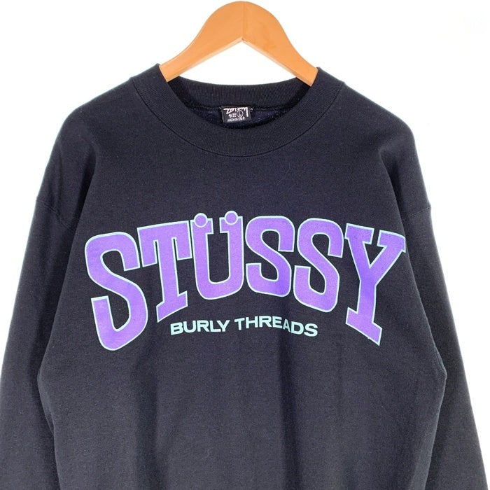 80-90's STUSSY ステューシー BURLY THREADS 両面プリント クルーネックスウェットトレーナー ブラック USA製 オールド Size L 福生店
