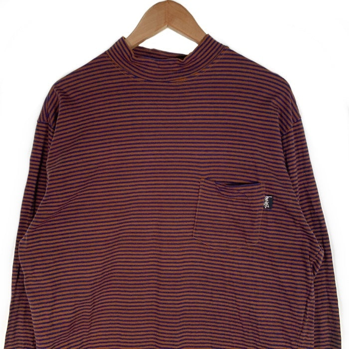 80's STUSSY ステューシー モックネック ボーダーポケットロングスリーブTシャツ ブラウン ネイビー USA製 黒タグ Size L 福生店