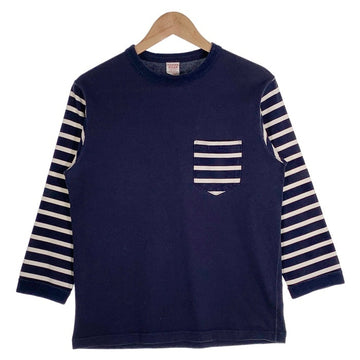 FREEWHEELERS フリーホイーラーズ POWER WEAR ボーダー切替 ポケット 七分袖 ロングスリーブTシャツ ネイビー Size M 福生店