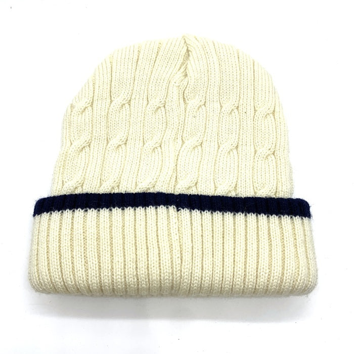 90's~ STUSSY ステューシー ケーブルニットラインビーニーキャップ クリーム ネイビー 刺繡 アクリル 紺タグ 福生店