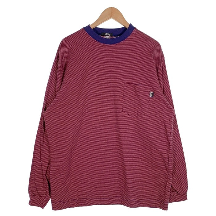 80's STUSSY ステューシー ボーダー ポケット ロングスリーブTシャツ ボルドー ネイビー USA製 黒タグ Size L 福生店