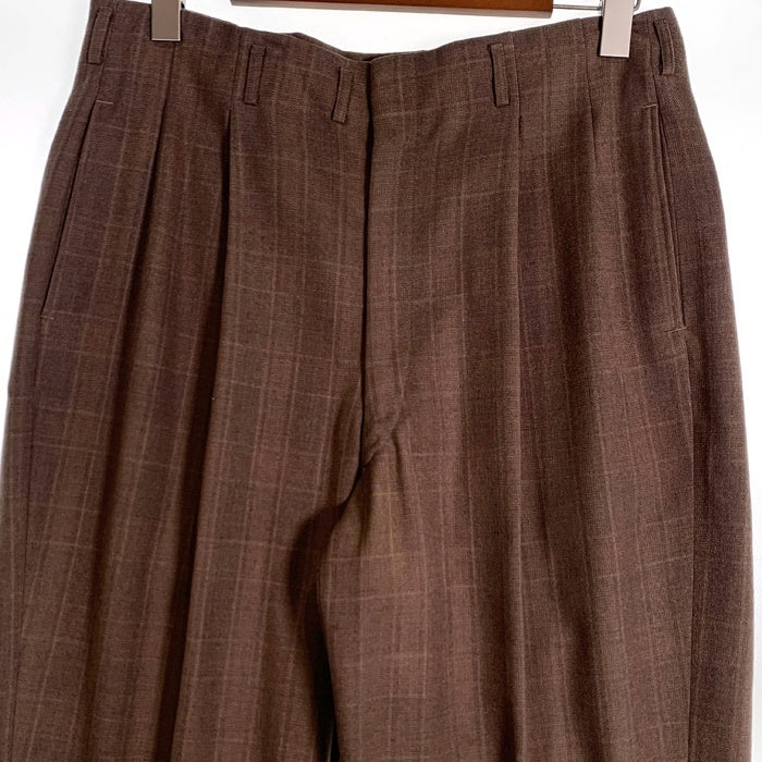 40-60's ウールチェック 2タックスラックス トラウザー ブラウン ワイド アルミCOMMAR 猫目ボタン Size 86cm 福生店