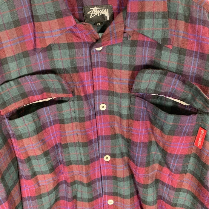 80's STUSSY ステューシー コットン オープンカラーフランネルチェックシャツ 長袖 パープル グリーン USA製 黒タグ Size M 福生店