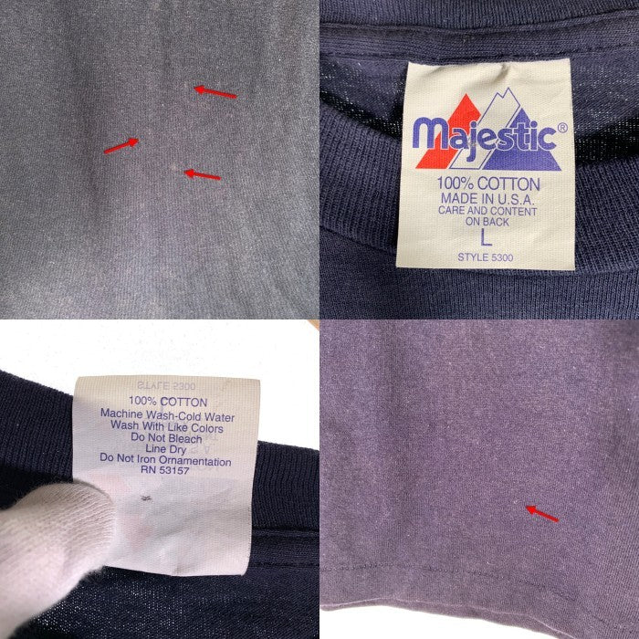 90's majestic マジェスティック Newyork Yankees ニューヨーク ヤンキース 半袖 チームロゴ プリント Tシャツ ネイビー USA製 Size L 福生店