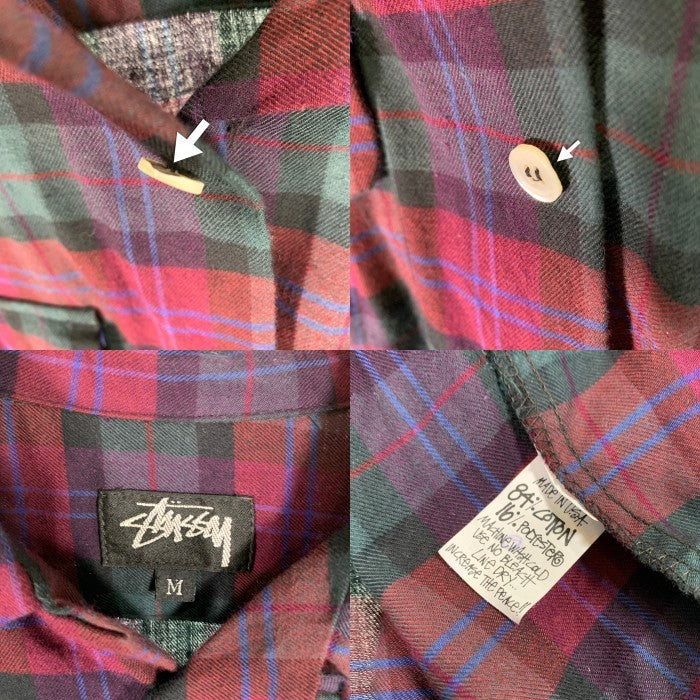 80's STUSSY ステューシー コットン オープンカラーフランネルチェックシャツ 長袖 パープル グリーン USA製 黒タグ Size M 福生店