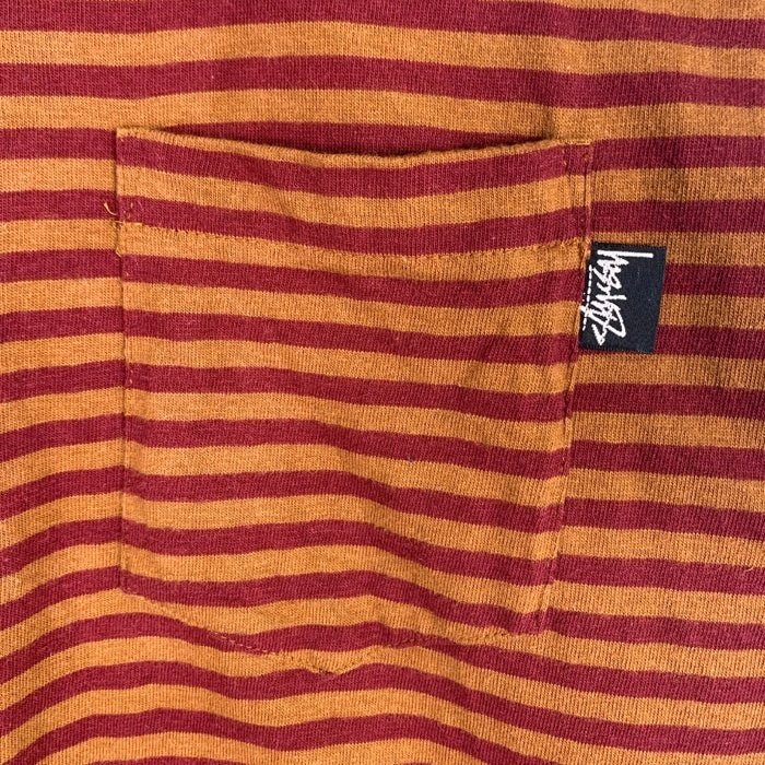 80's STUSSY ステューシー モックネック ボーダーポケットロングスリーブTシャツ レッド オレンジ USA製 黒タグ Size L 福生店