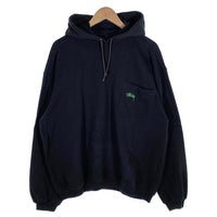 80's STUSSY ステューシー プルオーバースウェットパーカー 胸ポケットロゴ刺繡 ブラック 裏起毛 USA製 黒タグ オールド 短丈ボックス Size L 福生店