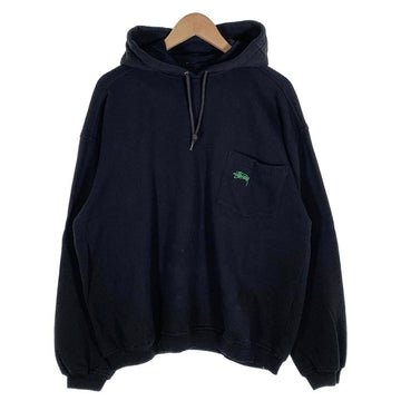 80's STUSSY ステューシー プルオーバースウェットパーカー 胸ポケットロゴ刺繡 ブラック 裏起毛 USA製 黒タグ オールド 短丈ボックス Size L 福生店