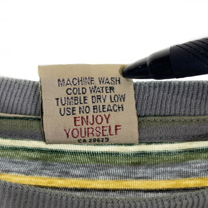 90's STUSSY ステューシー ボーダー ポケットTシャツ グレー ショーンフォント刺繡 インド製 白タグ Size L 福生店