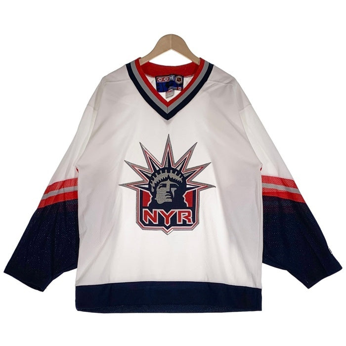 CCM シーシーエム Newyork Rangers ニューヨーク レンジャース NHL ホッケーシャツ 七分丈 ラグランスリーブ ホワイト ネイビー レッド カナダ製 Size L 福生店