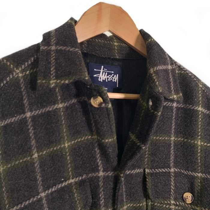 90's STUSSY ステューシー ウールチェックシャツ 長袖 グレー グリーン 紺タグ 厚手 Size M 福生店