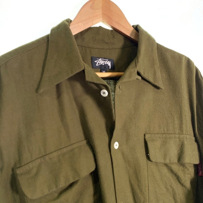 80's STUSSY ステューシー コットン オープンカラーフランネルシャツ 長袖 プレーン オリーブグリーン USA製 黒タグ Size M 福生店