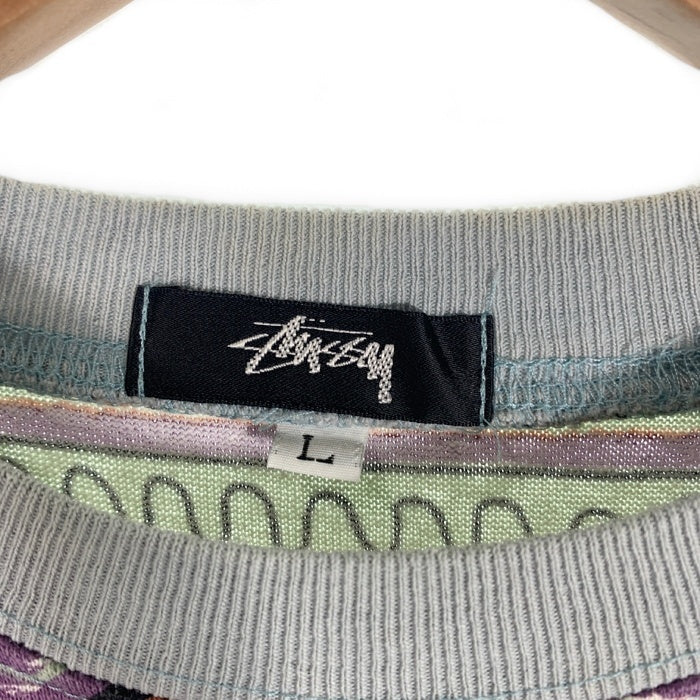 80's STUSSY ステューシー オーバープリント ボーダーポケットTシャツ 総柄 マルチ USA製 黒タグ Size L 福生店