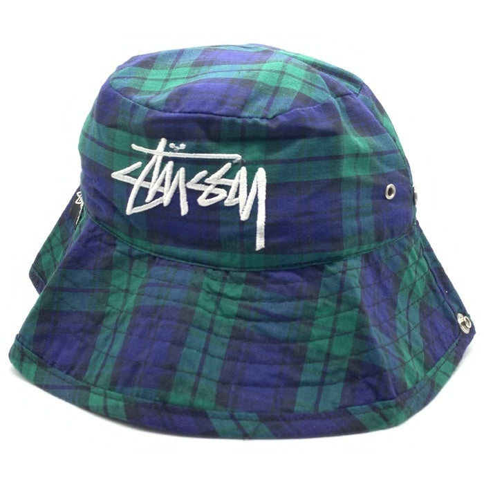 80's~ STUSSY ステューシー チェックロールアップハット スナップボタン グリーン ネイビー ブラックウォッチ USA製 黒タグ Size M 福生店