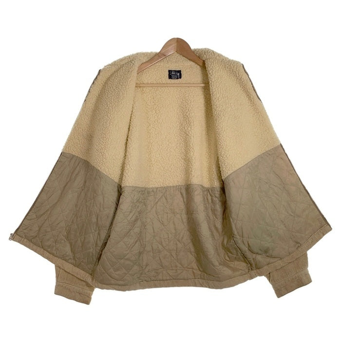 90's STUSSY ステューシー コーデュロイ ジップアップ ボアジャケット ベージュ 裾ロゴ刺繡 中国製 紺タグ Size L 福生店