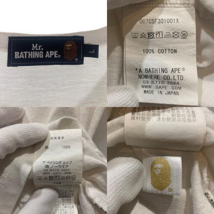 Mr.BATHING APE ミスターベイシングエイプ プリントTシャツ ホワイト 前Vガゼット 007CSF301001X Size L 福生店