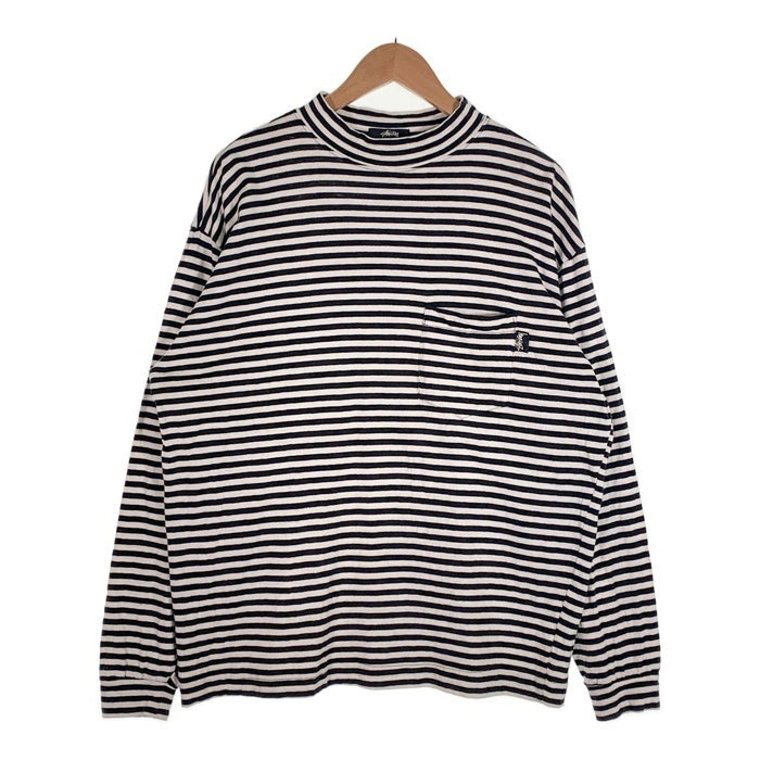 80's STUSSY ステューシー モックネック ボーダーポケットロングスリーブTシャツ ブラック ホワイト USA製 黒タグ Size L 福生店