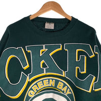 90's NFL GREEN BAY PAKERS グリーンベイ・パッカーズ フロッキープリント クルーネックスウェットトレーナー グリーン USA製 Size L/XL 福生店