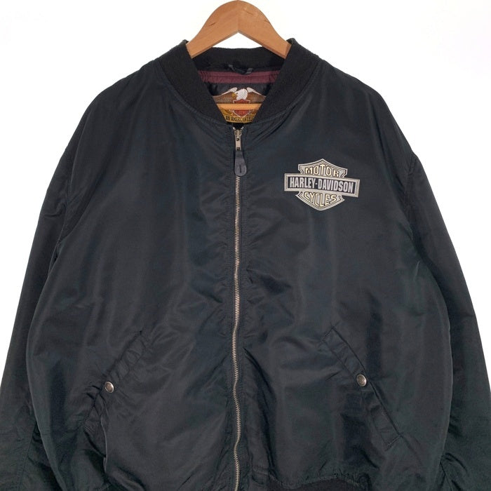 90's Harley-Davidson ハーレーダビッドソン 95周年 プリント ナイロンブルゾン リブ ブラック USA製 Size XXL 福生店