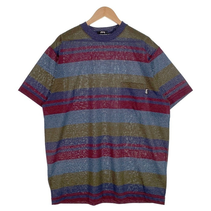 80's STUSSY ステューシー マルチボーダー ポケットTシャツ ネイビー USA製 黒タグ Size XL 福生店
