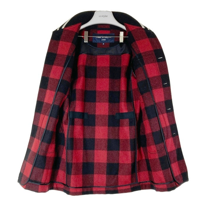 COMME des GARCONS HOMME コムデギャルソンオム HN-C014 AD2014 ショールカラー 袖レザー バッファローチェック ロング スタジャン ブラック レッド sizeXS 瑞穂店