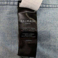 BALMAIN PARIS バルマン バンドカラー デニムシャツ バックプリント ブルー スナップボタン ウォッシュ ダメージ加工 Size 39 福生店