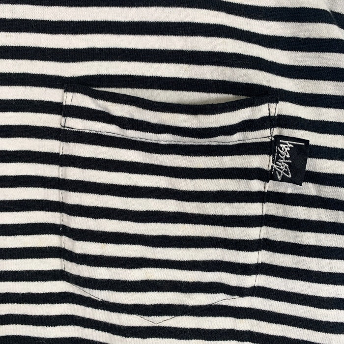 80's STUSSY ステューシー モックネック ボーダーポケットロングスリーブTシャツ ブラック ホワイト USA製 黒タグ Size L 福生店