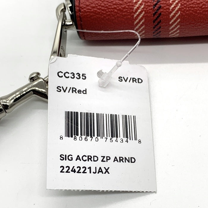 COACH コーチ CC335 PVCレザー チェック柄 ラウンドファスナーウォレット 長財布 レッド ストラップ 福生店