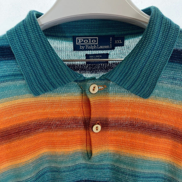 POLO RALPH LAUREN ポロラルフローレン リネン シルク混 ポロシャツ ネイティブ ボーダー ターコイズ sizeXXL 瑞穂店