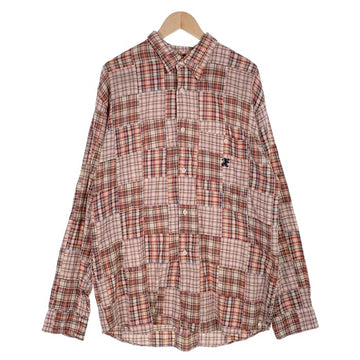 90's STUSSY ステューシー コットン パッチワークチェックシャツ 長袖 ドラゴン刺繡 マルチ インド製 紺タグ Size L 福生店