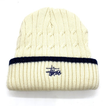 90's~ STUSSY ステューシー ケーブルニットラインビーニーキャップ クリーム ネイビー 刺繡 アクリル 紺タグ 福生店
