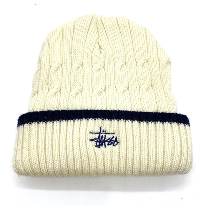 90's~ STUSSY ステューシー ケーブルニットラインビーニーキャップ クリーム ネイビー 刺繡 アクリル 紺タグ 福生店